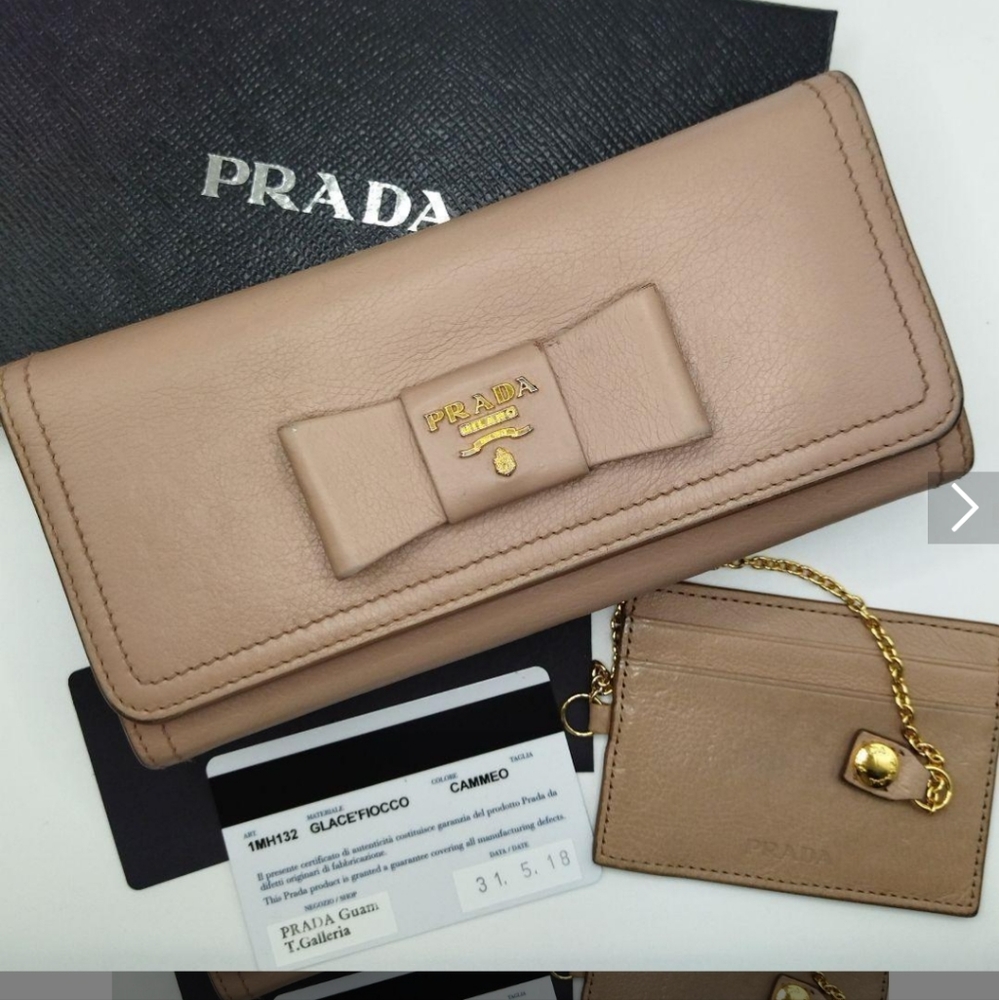 Prada Beige/Pink Saffiano Leather Bow Continental Wallet with Coing Pouch